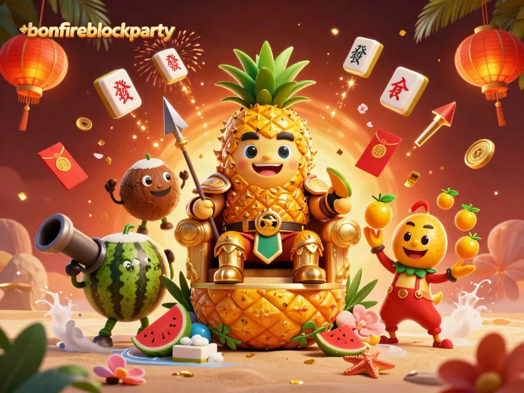 Experience the excitement of bonfireblockparty with this vibrant 3D casino illustration full of game-themed elements.
