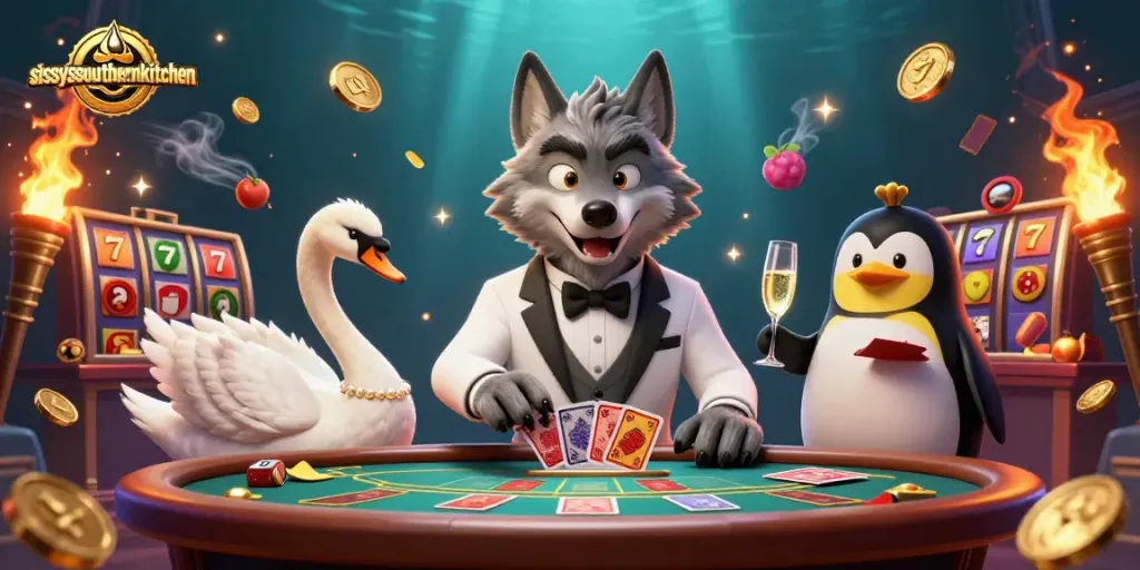 Sissyssouthernkitchen showcases a vibrant 3D casino scene with thrilling slot games, featuring engaging characters.