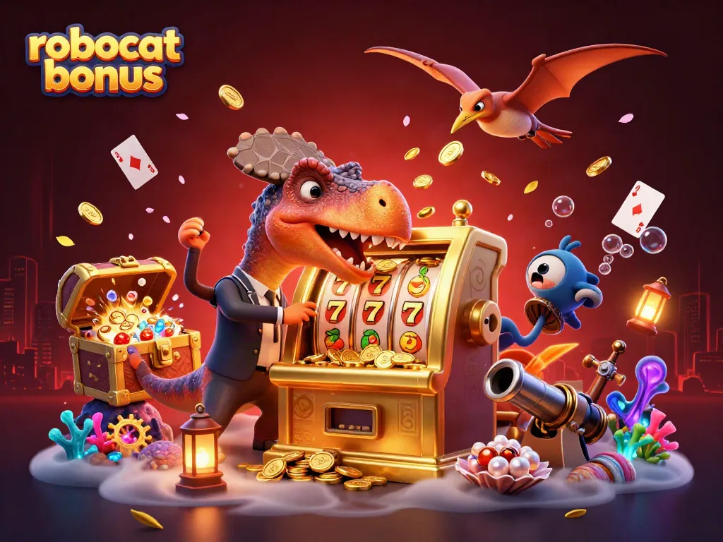 Catch the excitement of the robocat bonus as a pachycephalosaurus triggers a jackpot, amidst dynamic casino action.